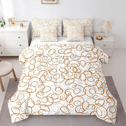 Erosebridal Geometric 7 Piece Comforter Set King Bed in A Bag Orange White Abstract Lines Bedding Set for Boys Girls Bedroom Modern Abstract Texture Quilt Contemporary Swirls Aesthetic Sheet Set