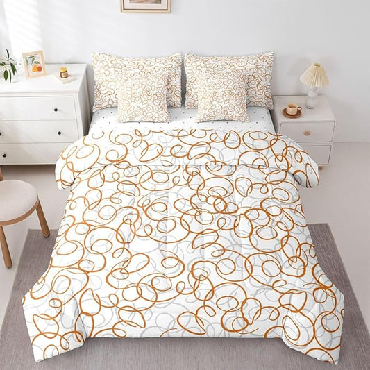 Erosebridal Geometric 7 Piece Comforter Set Twin Bed in A Bag Orange White Abstract Lines Bedding Set for Boys Girls Bedroom Modern Abstract Texture Quilt Contemporary Swirls Aesthetic Sheet Set