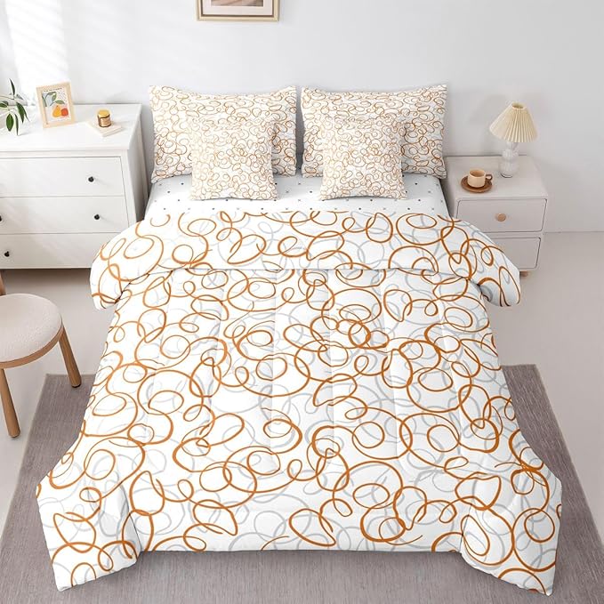 Erosebridal Geometric 7 Piece Comforter Set Queen Bed in A Bag Orange White Abstract Lines Bedding Set for Boys Girls Bedroom Modern Abstract Texture Quilt Contemporary Swirls Aesthetic Sheet Set