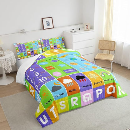 Castle Fairy Alphabet Twin Size Down Comforter Set,Educational Weather Planets Number Duvet/Quilt Set Soft Bed Collection,Watercolor Patchwork Bedding Comforter for Boys Girls Bedroom,2 Pcs