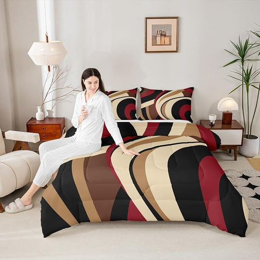 Black Red Brown Comforter Set Queen Size Vintage Abstract Stripes Bedding Set for Kids Girls Women Adult Bedroom Decor Geometric Circle Waves Quilt Set Soft Polyester Duvet Insert 3pcs