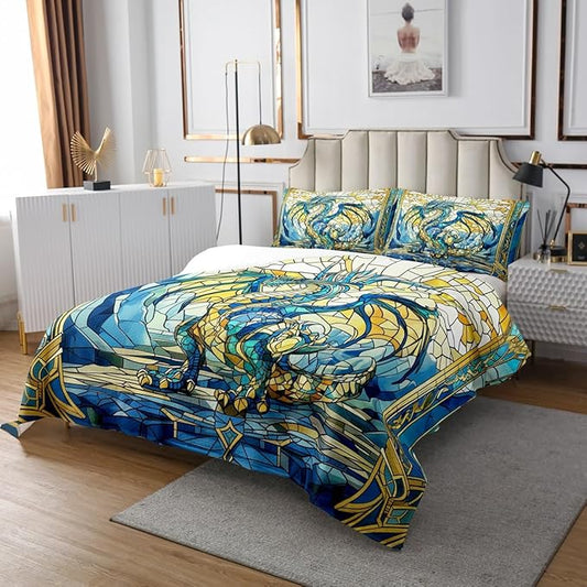 Manfei Western Dragon Kids Bedspread King Size,Glass Dragon Flying Wing Trippy Coverlet Set,Boys Girls Room Decor,Geometric Patchwork Abstract Quilted Coverlet,Blue Unique Bedding Quilt,2 Pillowcases