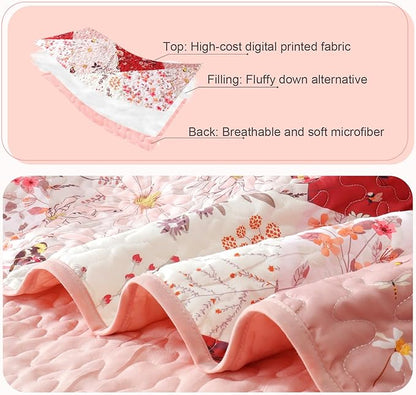Whale Flotilla Patchwork Quilts Queen Size, Extra Soft Boho Floral Bedspreads for Bed Reversible Lightweight Full Queen Quilt Bedding Set Printed Coverlets with 2 Pillow Shams for All Seasons, Red