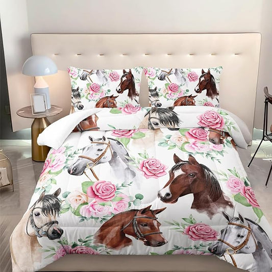 Horse and Flower Comforter Set for Girls Kids Horse and Floral 3 Piece Bedding Set Queen Floral Lightweight Comforter Down Alternative with 2 Pillowcases All Seasons