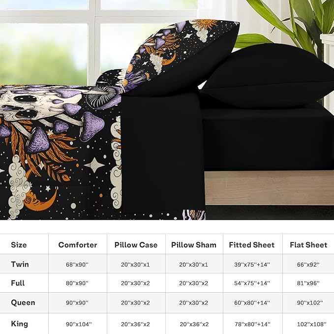 Nesker Comforter Set Twin Size, Skeleton Tarot Astrology 5 Pcs Bedding for Kids and Adults, Purple Mushroom Bed Sheet Sets with Fitted Sheet Pillowcase & Sham