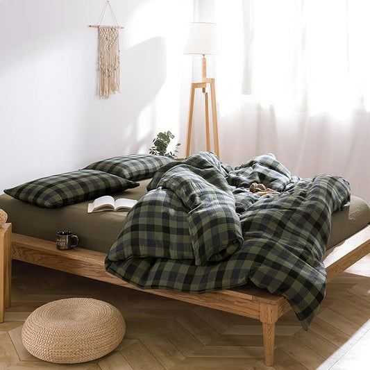 VM VOUGEMARKET Green Navy Plaid Duvet Cover King Muslin Cotton Bedding Set Soft Breathable Linen Like 3-Layer Gauze Comforter Cover with Zipper Closure for Adults-3 Pieces,104"x90"