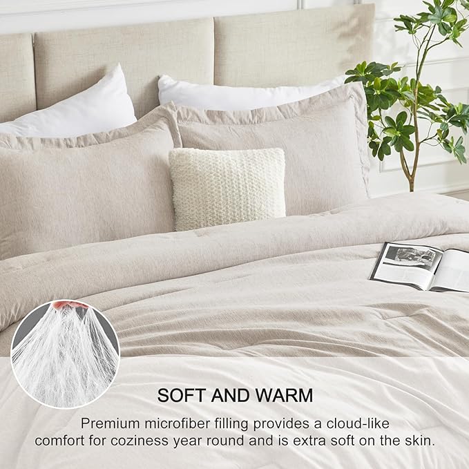 CozyLux King Size Comforter Set - 3 Pieces Beige Soft Luxury Cationic Dyeing Bedding Comforter for All Season, Breathable Lightweight Fluffy Boho Bed Sets with 1 Comforter and 2 Pillow Shams