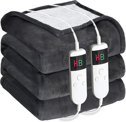 Electric Heated Blanket Queen Size 84''x90'' - Dual-Control Heating Blanket, Soft & Warm Flannel 10-Level Temperature Control, 8 Hours Auto Off, Rapid Heating & Overheat Protection