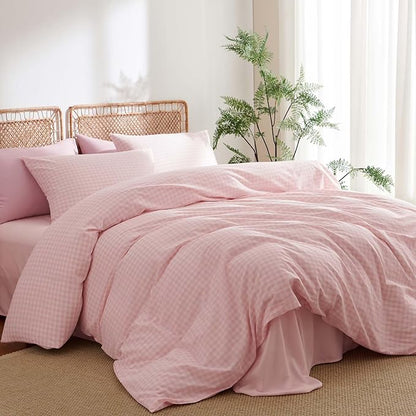 Nayoroom Gingham Duvet Cover Queen Size 100% Washed Cotton Pink Plaid Checkered Comforter Cover 3 Pcs Soft Breathable Grid Farmhouse Dorm Bedding Set for All Seasons