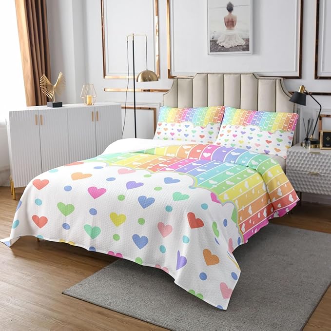 Manfei Cartoon Rainbow Kids Bedspread Twin Size,Wave Points Love Heart Dreamy Style Coverlet Set,Girls Women Room Decor,Colorful Geometric Stripes Quilted Coverlet,Chic Bedding Quilt,1 Pillowcase