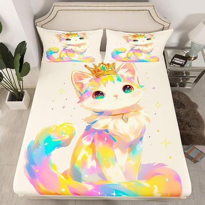3D Anime Cat Bedding Set for Animal Lovers Cartoon Lovely Cat Fitted Sheet Twin, Kawaii Colorful Pet Bed Sheets for Girls Boys Kids Cartoon Gifts Decor for Bedroom, 1 Fitted Sheet 1 Pillowcase