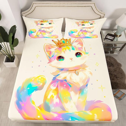 3D Anime Cat Bedding Set for Animal Lovers Cartoon Lovely Cat Fitted Sheet Twin, Kawaii Colorful Pet Bed Sheets for Girls Boys Kids Cartoon Gifts Decor for Bedroom, 1 Fitted Sheet 1 Pillowcase