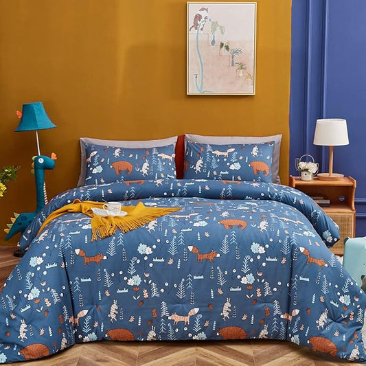 CLOTHKNOW Kids Comforter Set Twin Blue Animal Woodland Bedding Sets Cartoon Forest Fox Rabbit Comforter with 2 x Pillow Cases