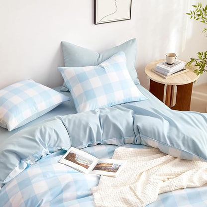 Wake In Cloud - Gingham Comforter Set, Plaid Buffalo Check Checkered Cottagecore Cute Geometric, Soft Lightweight Bedding, 3 Pieces, Light Blue White, Queen Size