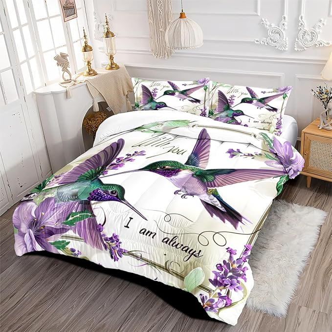 Hummingbird Comforter Set Full Size Purple Floral Bird Bedding Set Tropical Birds Bed Set Modern Aesthetic Bedding Teen Girls Boys Soft Down Alternative Comforter Sets for All Season