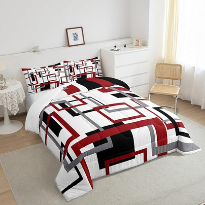Erosebridal Square Comforter Set for Teens Youth,Black White Red Bedding Set,Geometric Quilt Set Modern Bedroom Decor,Mid Century Grid Duvet Insert with 1 Pillowcase All Season,Twin