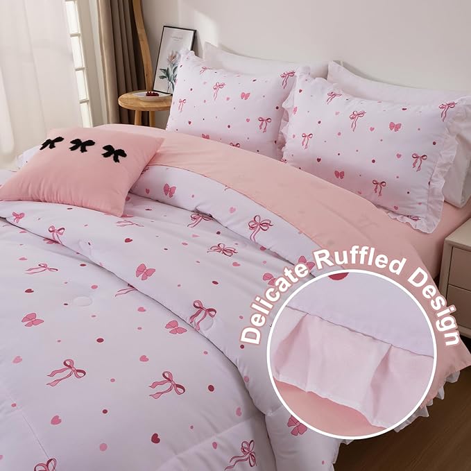 A Nice Night Polka Dot Bow Comforter Set,6 Piece Bed in a Bag Chic Bowknot Bedding Sets,Princess Style,White Room Decor for Girls,Full