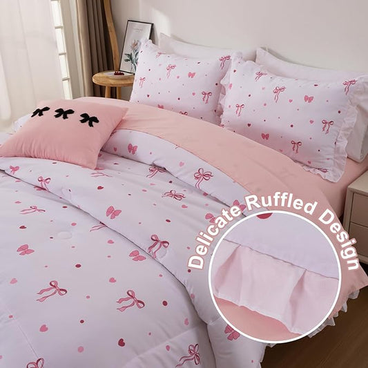 A Nice Night Polka Dot Bow Comforter Set,6 Piece Bed in a Bag Chic Bowknot Bedding Sets,Princess Style,White Room Decor for Girls,Full