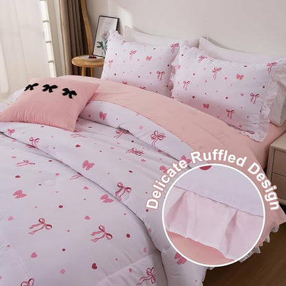 A Nice Night Polka Dot Bow Comforter Set,6 Piece Bed in a Bag Chic Bowknot Bedding Sets,Princess Ruffle Style,White Room Decor for Girls,Twin
