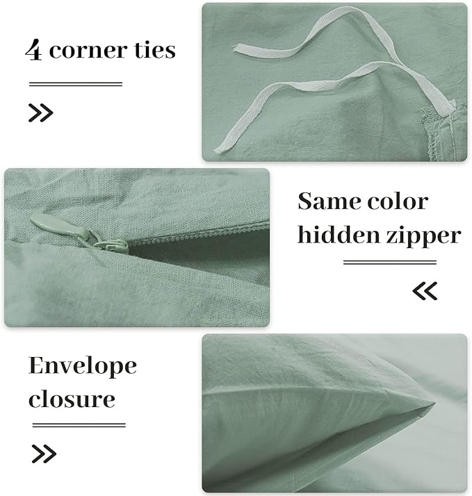 NEXHOME PRO Green Duvet Cover Set Super King 108"x98" Linen Feel Textured Organic Natural 100% Washed Cotton Duvet Cover 3 Pieces Bedding Set with Zipper Closure, Breathable, Soft (No Comforter)