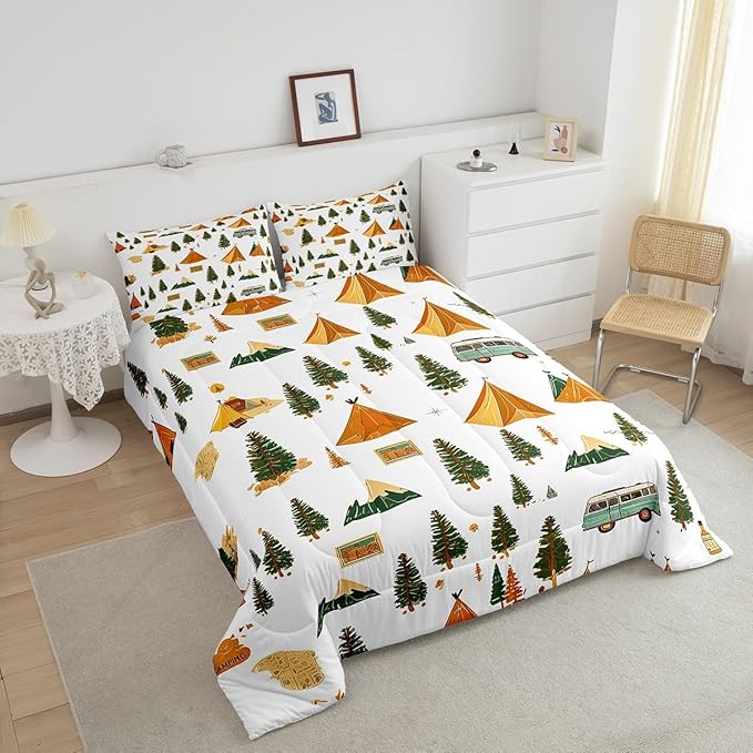 Feelyou Camping Comforter Set Full Size Vintage Comforter Camper Accessories for Travel Trailers Bedding Set Camper Duvet Set Room Decor Ivory Quilt Set