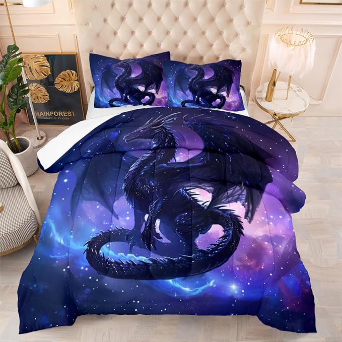 Black Dragons Bedding Set Outer Space Starry Sky Comforter Set Twin Size Western Castle Fairy Dragons Comforter 3D Animals Dragon Bed Set for Kids Boys Teens Women Decor Black Purple