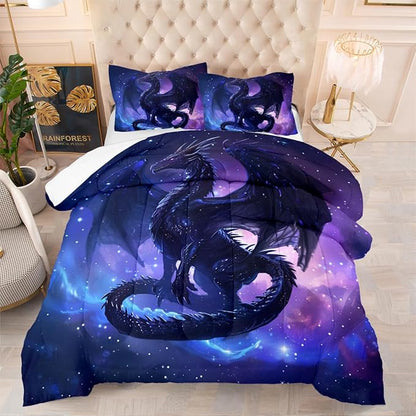 Black Dragons Bedding Set Outer Space Starry Sky Comforter Set Full Size Western Castle Fairy Dragons Comforter 3D Animals Dragon Bed Set for Kids Boys Teens Women Decor Black Purple