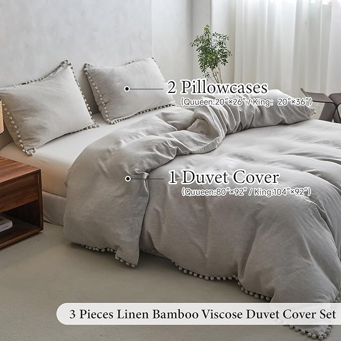 Simple&Opulence French Linen Blended Duvet Cover King, Flax Viscose Derived from Bamboo Bedding Set with Pom Pom Trim Soft Cooling for Hot Sleepers, 1 Boho Comforter Cover and 2 Pillow Shams, Linen