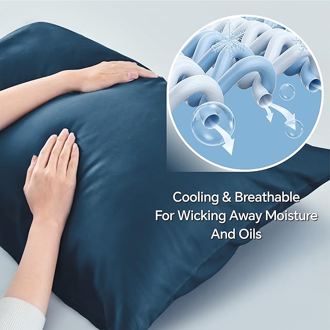 BEDELITE Standard Pillow Cases Set of 2, Rayon Derived from Bamboo, Cooling Pillow Cases for Hot Sleepers & Night Sweats, Breathable Silky Soft Envelope Pillowcases(Navy Blue, 20"x26")