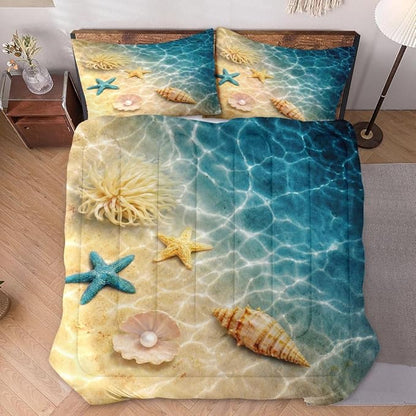 Queen Size Comforter Set with 2 Pillowcases, Summer Marine Seashell Starfish Beach Ocean Soft 3 Pcs Bedding for Kids and Adults Bedroom Bed Decor