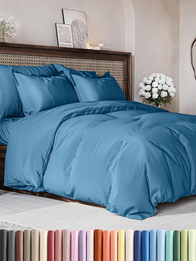 Duvet Cover King Size Set - Extra Soft King Duvet Cover 104" x 90" with 2 Pillow Shams - Hotel Luxury, Easy Care & Fade Free w/ Zipper Closures & Ties - All Season, Comfy and Breathable (Denim Blue)