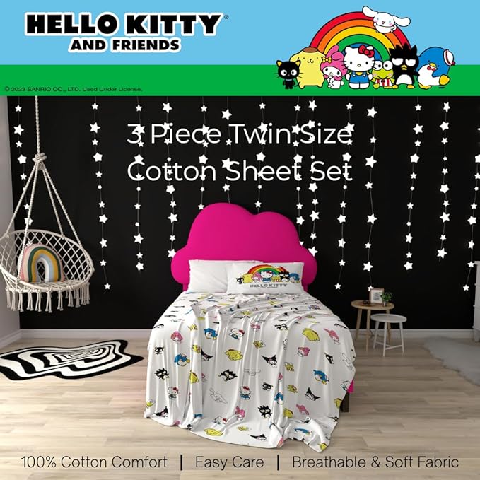 Collectibles Hello Kitty & Friends Bedding Super Soft Cozy Cotton 3 Piece Twin Sheet Set, (Officially Licensed Product) By Franco