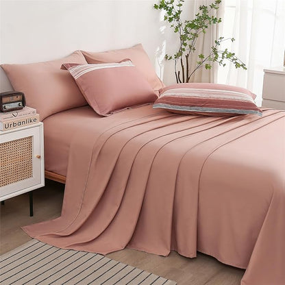 KAKIJUMN 7 Piece Bed in a Bag Stripe Comforter Set Queen Size, White Grey Blush Pink Patchwork Striped Comforter and Sheet Set, All Season Soft Microfiber Complete Bedding Sets(Pink,Queen)