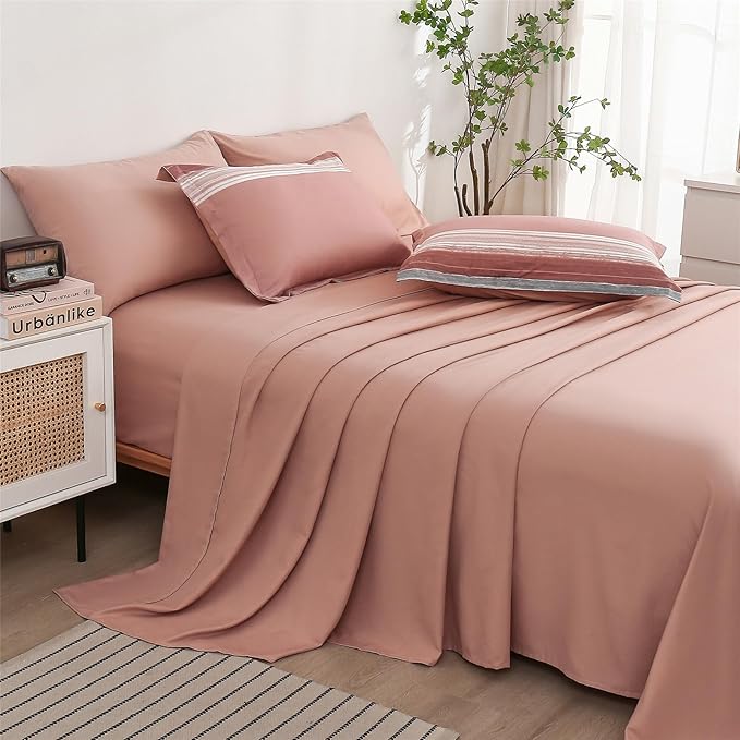 KAKIJUMN 5 Piece Bed in a Bag Stripe Comforter Set Twin Size, White Grey Blush Pink Patchwork Striped Comforter and Sheet Set, All Season Soft Microfiber Complete Bedding Sets(Pink,Twin)