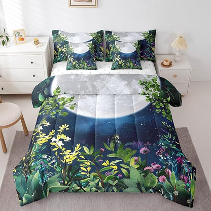 Erosebridal Botanical Comforter Set 7 Piece Bed in a Bag Twin,Jungle Plant Leaves Galaxy Bedding Sets Stars and Moon Sheet Set with Comforter