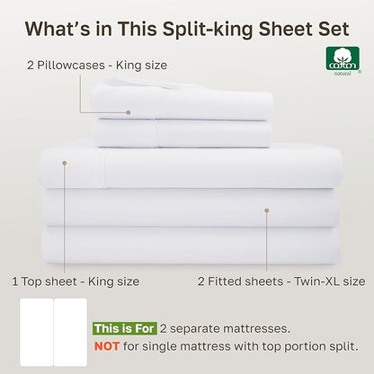 California Design Den Split King Sheets Sets for Adjustable Bed - Soft 400 Thread Count Sateen, Natural 100% Cotton Sheets, Deep Pockets for a Snug Fit, Durable Bedding Set - White