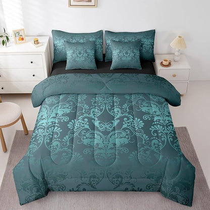 Erosebridal Gothic Damask Comforter Set 7 Piece Bed in a Bag Twin,Butterfly Skull Bedding Sets Turquoise Victorian Floral Goth Sheet Set with Comforter