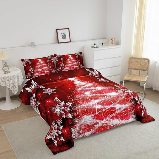 Feelyou Christmas Tree Comforter Set for Children Kids Boys Girls Luxury Chic Xmas Theme Bedding Set Glitter Snowflake Star Comforter Microfiber Red Duvet Set Room Decor Quilt Set Toddler Size