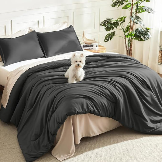 Litanika Grey Comforter King Size Set, Dark Gray Lightweight Plain Bedding Comforters Sets, All Season Fluffy Bed Set (104x90In Comforter & 2 Pillowcases)