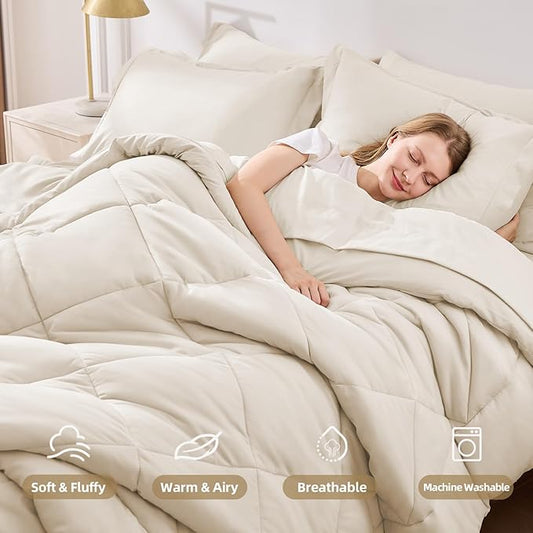 FUANNA 7 Pieces King Size Comforter Set, All Season Bed in a Bag King Size, Luxury Soft Bedding Sets with Comforter, Flat Sheet, Fitted Sheet, Pillowcases & Pillow Shams, Beige