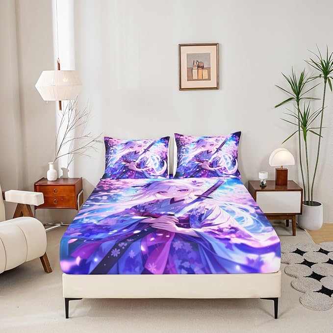Erosebridal Anime Girl Twin Bedding Set for Kids, Kawaii Japanese Anime Fitted Sheet Cartoon Girl Bed Sheets Sci Fi Style Japanese Animation Sheets for Kids Girls Teens Adult Bedroom