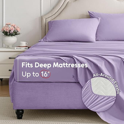 Twin Sheets Set, 3 Pieces Hotel Luxury Soft Microfiber Bed Sheets Set, Up to 16" Deep Pockets, Oeko-Tex Sheets with Elastic, Breathable, Wrinkle Free (Purple, Twin)