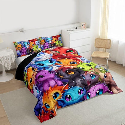 Feelyou Dragon Comforter Set All Season Dragon Stuff Bedding Set with 2 Pillow Cases Wild Life Kids King Bedclothes Magic Wildlife Bedroom Decor Colorful Duvet Quilt Breathable Soft Lightweight