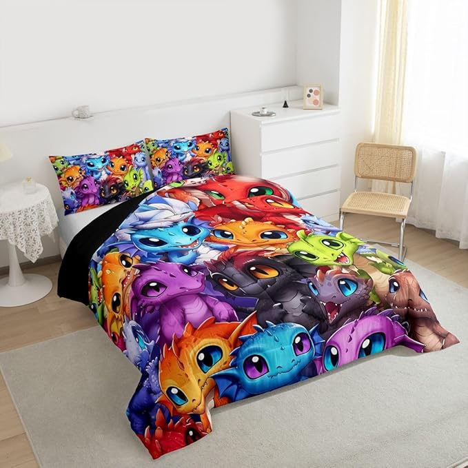 Feelyou Dragon Comforter Set All Season Dragon Stuff Bedding Set with 1 Pillow Cases Wild Life Kids Toddler Bedclothes Magic Wildlife Bedroom Decor Colorful Duvet Quilt Breathable Soft Lightweight