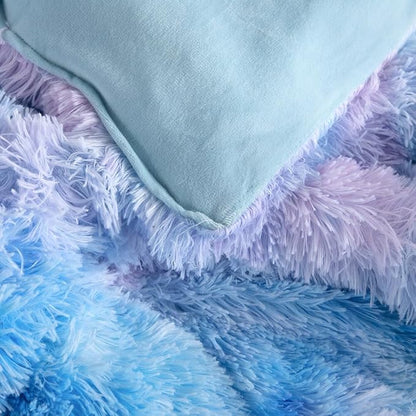 Wajade Fluffy Fuzzy Faux Fur King Size Comforter Set - King Duvet for Warm and Cozy Soft Bedroom 3 Pieces Premium Bedding Comforter Sets Galaxy Blue