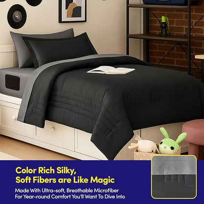 Twin Size Comforter Set Quilted Stripe Bedding Bundle – Comforter, Mattress Protector, Sheets with Pockets on the Side & Built-in Corner Strap – Fitted Sheet Media Pocket for Devices, Black/Charcoal