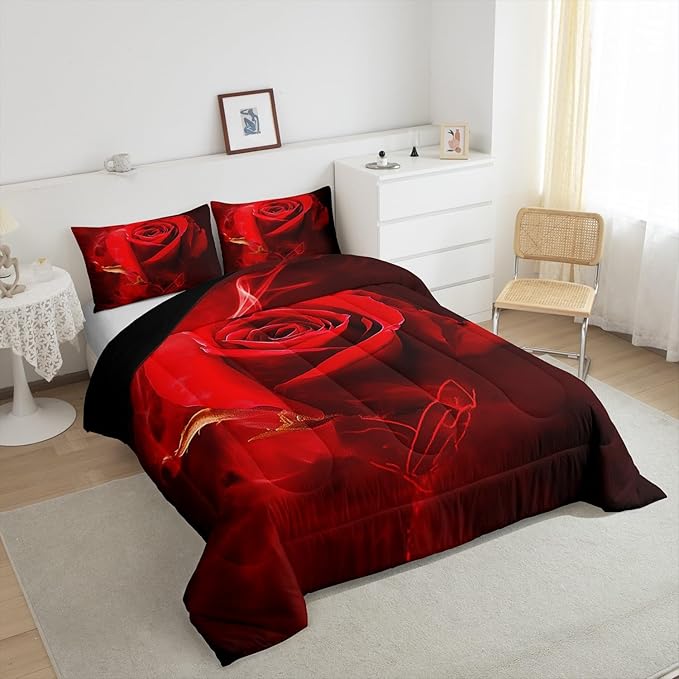 Erosebridal 3D Red Rose Comforter King,Romantic Floral Down Comforter for Girls Women Valentine's Day Gift,Ombre Botanical Flowers Bedding Soft Microfiber 3Pcs Quilted Duvet (1 Quilt+2 Pillow Cases)