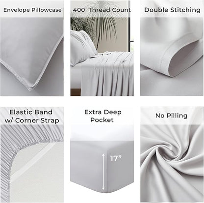 Luxury Bamboo Market | King Size Bed Sheet Set | 100% Viscose Made from Bamboo | Organically Grown | Ultra Soft | Cooling Sheets for Hot Sleepers | 17" Deep Pocket [Dove Grey]