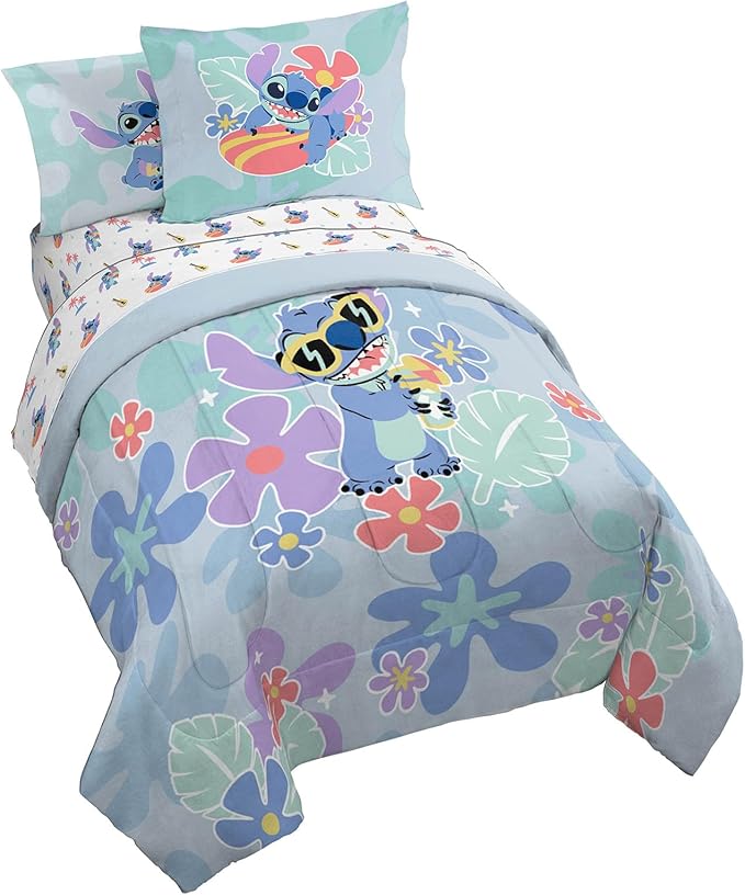 Jay Franco Disney Lilo and Stitch Twin Size Comforter Set - 5 Piece Bedding Includes Sheet Set & Pillow Covers - Super Soft Tropical Bedding
