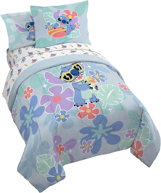 Jay Franco Disney Lilo and Stitch Twin Size Comforter Set - 5 Piece Bedding Includes Sheet Set & Pillow Covers - Super Soft Tropical Bedding